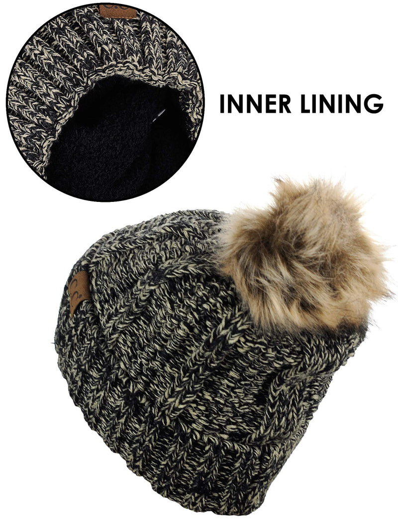 [Australia - AusPower] - C.C Thick Cable Knit Faux Fuzzy Fur Pom Fleece Lined Skull Cap Cuff Beanie 2 Tone Black/Dark Beige 