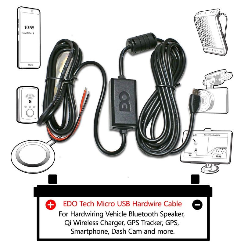 [Australia - AusPower] - EDO Tech Ultra Compact Micro USB Direct Hardwire Car Power Cord Kit for GPS Tracker Navigator Bluetooth Speaker Qi Wireless Charger Dash Cam DVR (10 Ft in Total Length) 