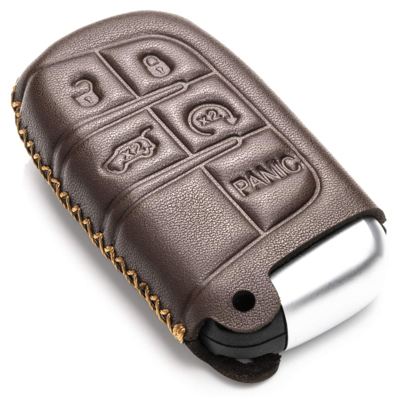 [Australia - AusPower] - Vitodeco Genuine Leather Smart Key Keyless Remote Entry Fob Case Cover with Key Chain for Jeep, Dodge, Chrysler (5 Buttons, Brown) 5 Buttons 