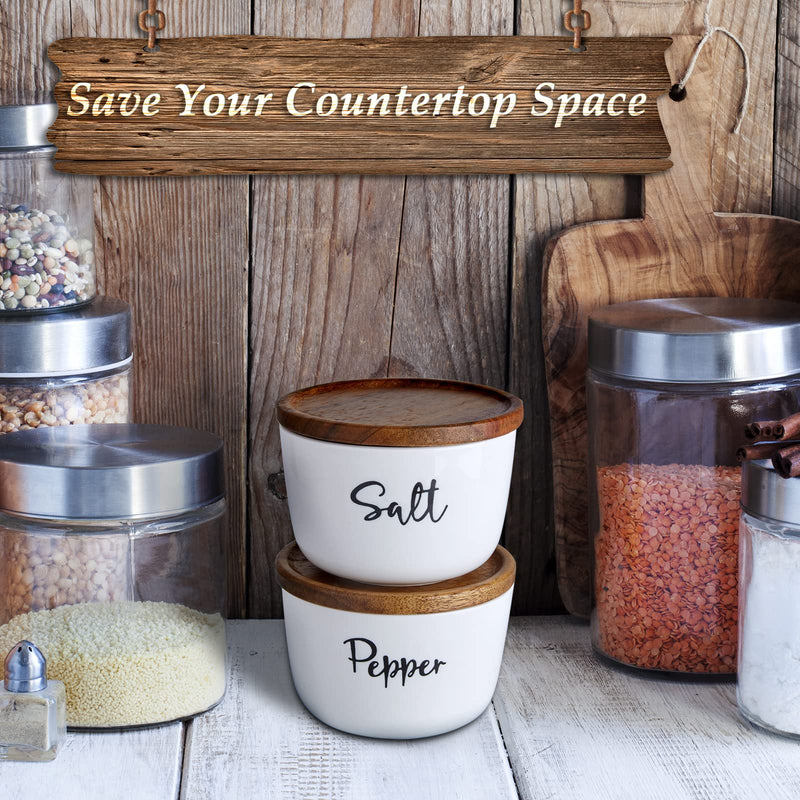 [Australia - AusPower] - Farmhouse Salt and Pepper Bowls, DAYYET 10 oz Salt Cellar with Lid, Stacked Ceramic Salt Pepper Container with Wooden Lid, Salt Box for Countertop, Modern Farmhouse Kitchen Decor, Set of 2, White 