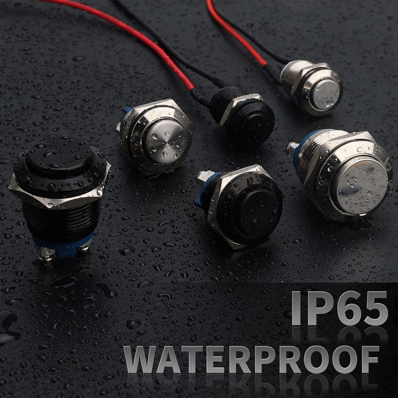 [Australia - AusPower] - Starelo 5pcs 12mm Momentary Push Button Switch Silver Shell with pre-Wiring, IP65 Waterproof Push Button Switch,Stainless Steel 1 Normally Open Without LED. 12mm Silver Shell 