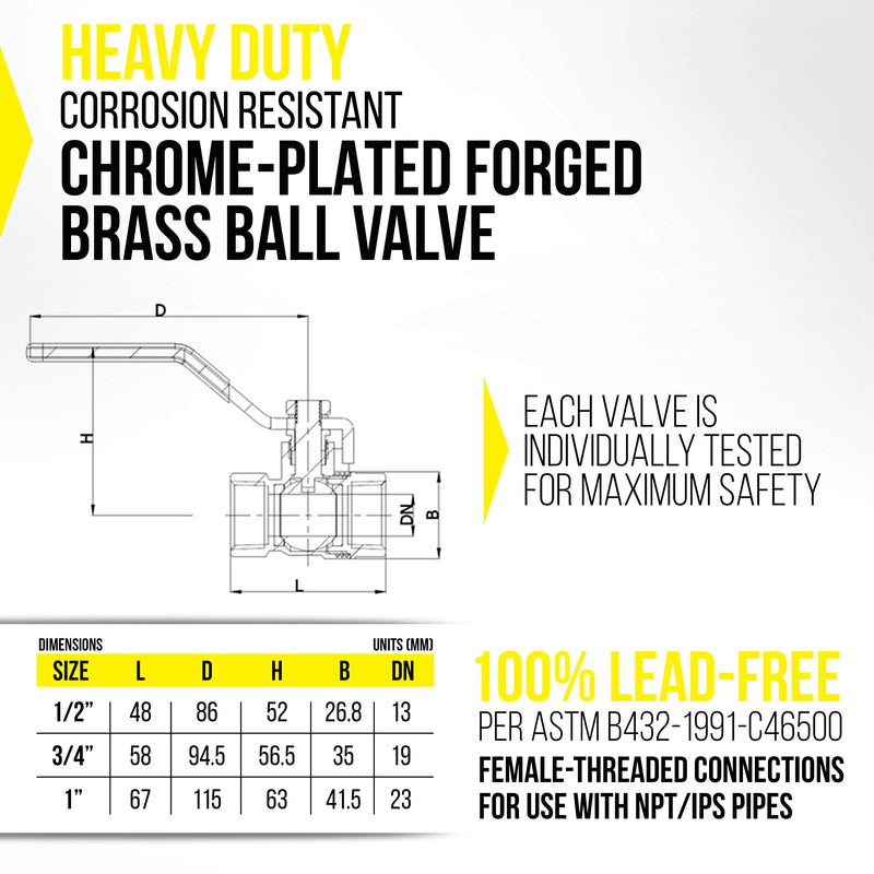 [Australia - AusPower] - REVALVED Full Port 1/2 in. Brass Ball Valve – Lead-Free Brass Valve, Female Threaded NPT Connector – Max Pressure, 150 PSI WSP / 600 PSI WOG - 0.50 inch, 1 Pack 0.5 Inch 