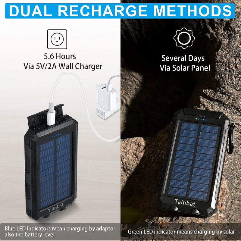 [Australia - AusPower] - Tainbat Solar Power Bank 20000mAh Portable Charger Solar for Cell Phone, Waterproof External Backup Battery USB Charger with Flashlight Compass for Emergency or Camping Hiking Outdoor Black 