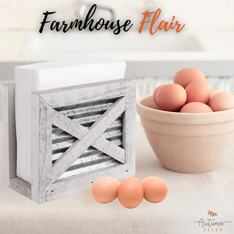 [Australia - AusPower] - Autumn Alley Farmhouse Napkin Holder - Wooden Napkin Holder - Classic Barn Door Motif with Galvanized Metal - Rustic Napkin Holder for Farmhouse Décor - Shabby White Country Napkin Holder 