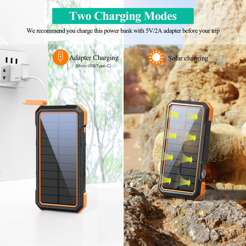 [Australia - AusPower] - BLAVOR Solar Charger Power Bank 18W, QC 3.0 Portable Wireless Charger 10W/7.5W/5W with 4 Outputs & Dual Inputs, 20000mAh External Battery Pack IPX5 Waterproof with Flashlight & Compass (Orange) Orange 