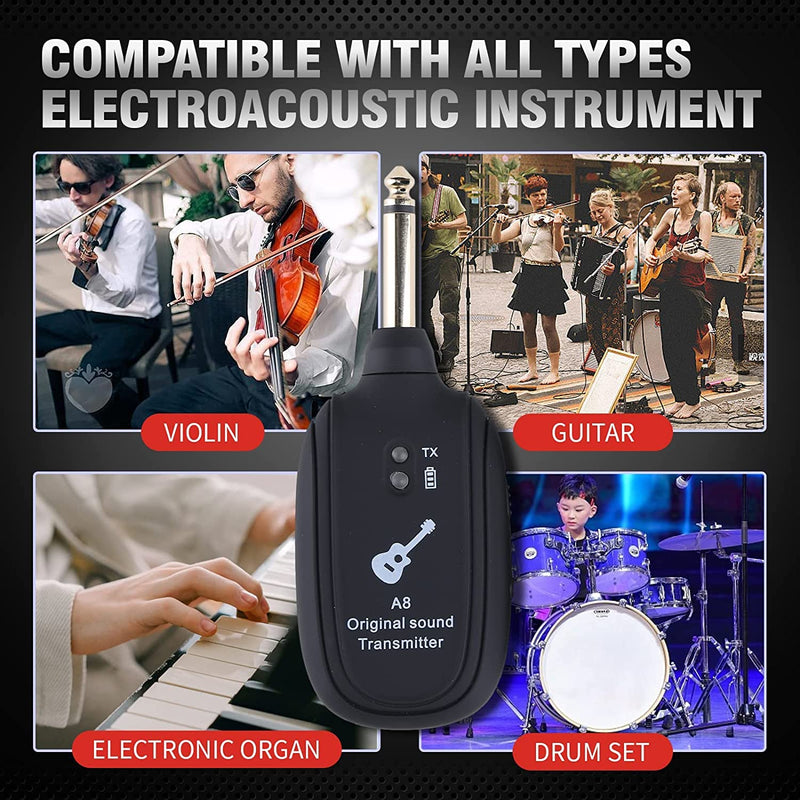 [Australia - AusPower] - INGPARTNER A8 Guitar Wireless Transmitter Receiver Wireless Transmission System Audio System Rechargeable Support 4 Channels for Electric Guitar Bass Violin Organ Musical Instrument A8 Black 