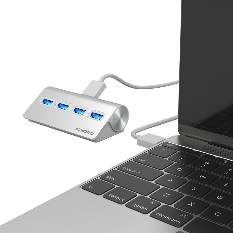 [Australia - AusPower] - Achoro Premium Quality Computer USB Port Expander – 4 Ports Portable USB Hub - Compatible with MacBook, Windows, iMac, Hard Drive, and PC – High-Speed 3.0 USB HUB (Silver) Silver 