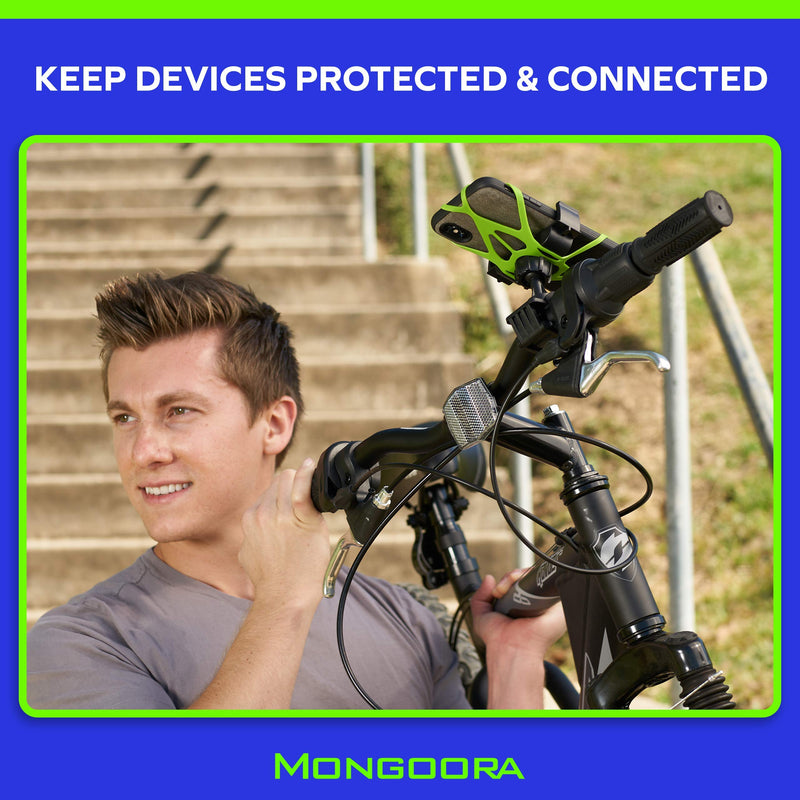 [Australia - AusPower] - Mongoora Bike & Motorcycle Phone and GPS Mount w/ 3 Bands (Black, Red, Green) Cell Phone Holder for Bicycle Handlebar Easy to Install Bike Accessories Fits iPhone 12 11 X 8 8 Plus, Galaxy S21 S20 S10 