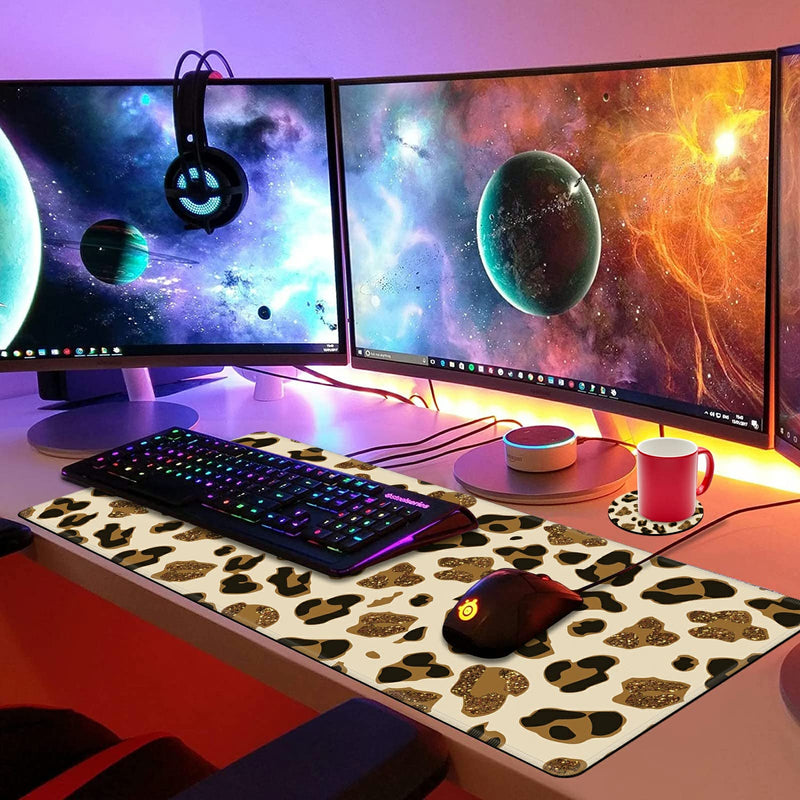 [Australia - AusPower] - Leopard Glitter Mouse Pad Large with Coaster, 35.4"x15.7" Full Desk Mousepad Stitched Edges Non Slip Base Desk Pad Extended Large Gaming XXL Mouse Pad for Desk Office Home XXL-35.4"x15.7"x0.12" Leopard Glitter 