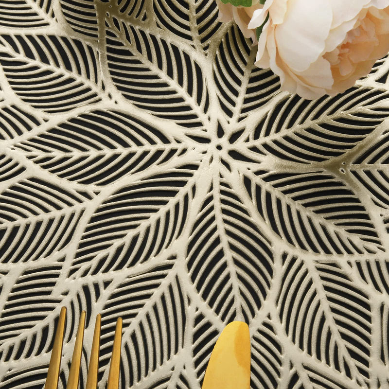 [Australia - AusPower] - Mabbcoo Placemats Set of 6, Round Hollow Out Flowers Place Mats for Dining Table Pressed Vinyl Blooming Leaf Table Mats for Holiday Party Wedding Accent Centerpiece Dinner Table Decoration (Gold) Gold 