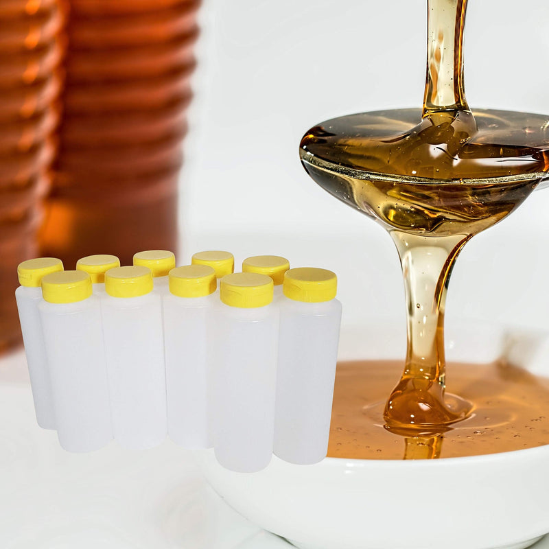 [Australia - AusPower] - kelkaa 8oz HDPE Plastic Squeeze Bottles with Wide Mouth Opening, Yellow Flip Top Caps for Condiments and Any Thick Liquid Products, Multi-Purpose Refillable Empty Bottles (Pack of 10) 