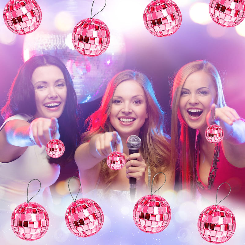[Australia - AusPower] - Newmemo Pink Disco Ball 24 Pcs Hanging Mirror Disco Balls Pink Mini Disco Balls Ornaments Reflective Mirror Ball Cake Decoration with Rope Christmas Tree Wedding Dance Music Festivals Decor 