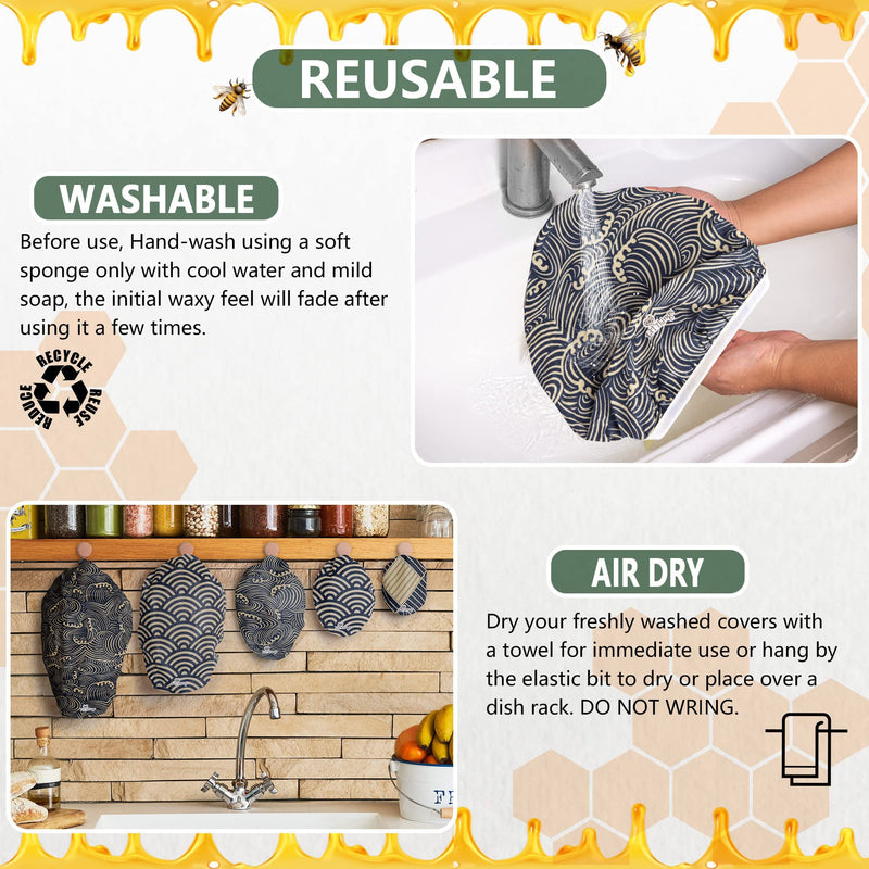 [Australia - AusPower] - Eco-friendly Reusable Beeswax Bowl Covers With elastic Available in 5 sizes and in 5 different themes A Sustainable Alternative to plastic cling wrap and foil. (Japanese Waves) Japanese Waves 