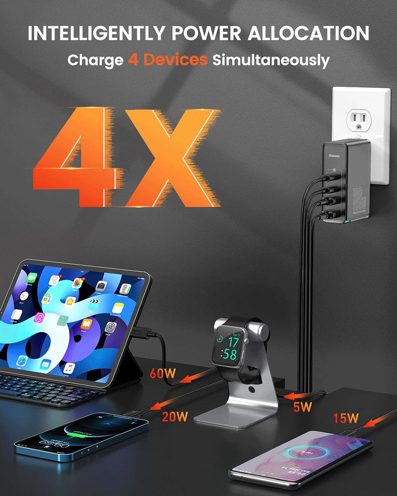 [Australia - AusPower] - USB C Charger, Baseus 100W 4-Port GaN II Charging Station, Fast USB C Charger Block for iPhone 12/12 Pro/12 Pro Max/SE/11/XR/XS, Samsung, MacBook Pro/Air, iPad, Laptops, AirPods, Apple Watch, Black 