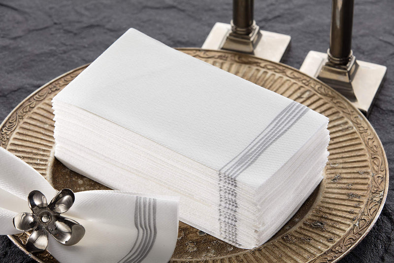 [Australia - AusPower] - Disposable Hand Towels | Decorative Dinner Napkins | Soft, Absorbent Disposable Paper Guest Towels for Kitchen, Bathroom, Parties, Weddings, Dinners Or Events White and Silver Napkins 100 Pack White / Silver 