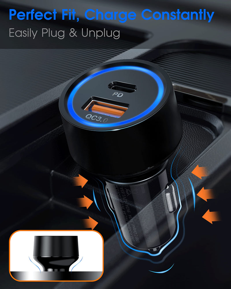 [Australia - AusPower] - Car Charger, ZeeHoo Car Charger Adapter 5.4A/38W USB C Car Charger QC 3.0 & PD Dual Port Fast Charging - Compatible with Apple iPhone 13 12 11, Samsung Galaxy S22/Note 20 Ultra/S21/20/10,Google Pixel Black 38W -- C to C Cable Included 