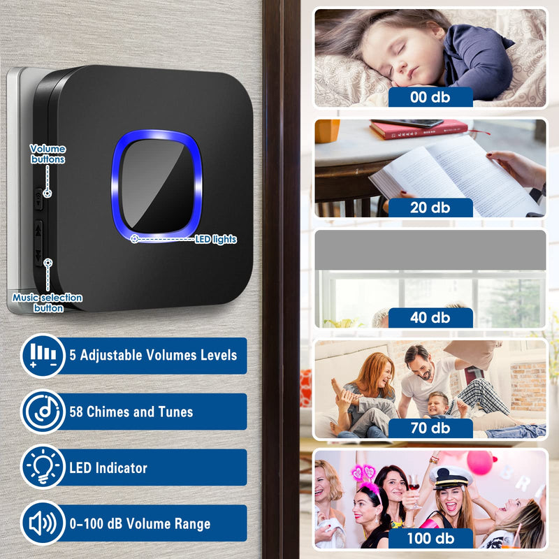 [Australia - AusPower] - Wireless PIR Motion Sensor Doorbell,Home Security Alarm with 5 Levels Volume, Driveway Alarm with Led Indicator, Store Office Entry Alert System with 1 Sensor and 1 Receiver, 58 Chimes Tunes (BLACK) 1 Motion Sensor + 1 Receiver 