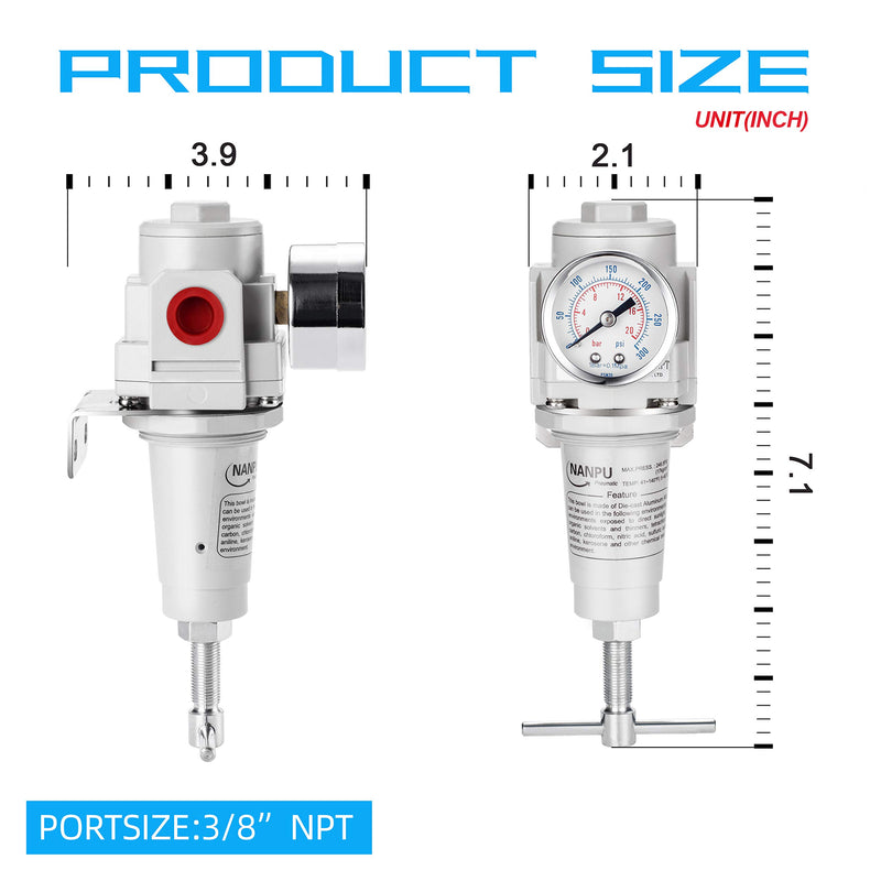 [Australia - AusPower] - NANPU 3/8" NPT High Pressure Compressed Air Regulator, T-Handle, 0-300 psi Gauge & Metal Bracket 