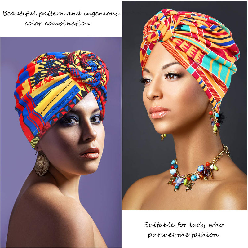 [Australia - AusPower] - SATINIOR 3 Pieces African Turban for Women Knot Pre-Tied Bonnet Beanie Cap Headwrap Black Orange Pink Geometry 