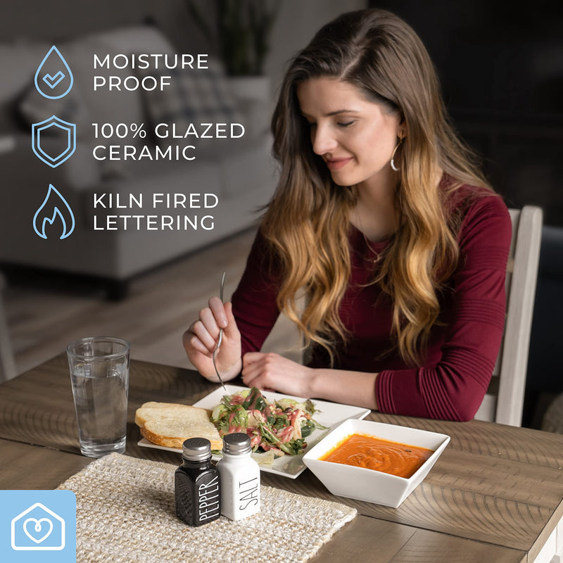 [Australia - AusPower] - Farmhouse Ceramic Salt and Pepper Shakers Set with Extra Lids. 100% Stoneware Salt and Pepper Shaker Set. Black Pepper and White Salt Shaker with Lid x4. Kitchen Salt Pepper Shakers by Heartland Home White/Black 