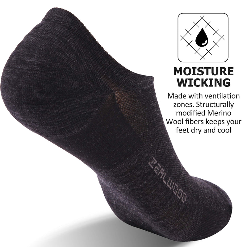 [Australia - AusPower] - No Show Athletic Socks, ZEALWOOD Unisex Merino Wool Ultra-Light Running Tennis Golf Socks,1/3 Pairs 3-no Show Black Large 