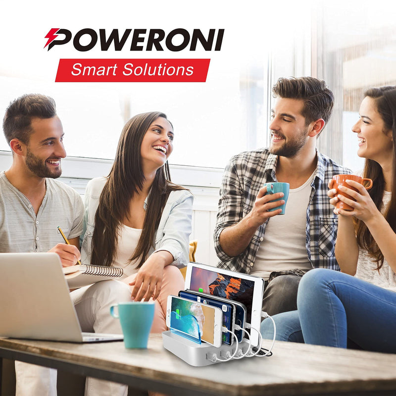 [Australia - AusPower] - Poweroni USB Charging Station for Multiple Devices Apple Android Compatible - Charging Station Organizer with 5 Cables - Fast Charge Multi Device Phone Charger Station Charging Dock (Silver 4-Port) 
