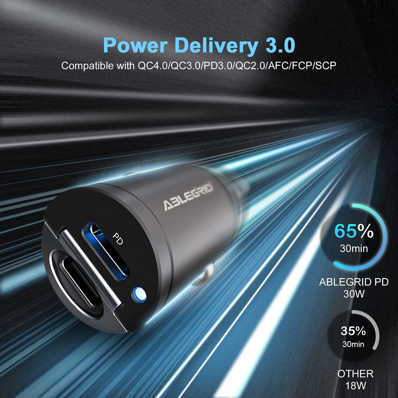[Australia - AusPower] - USB C Car Charger, ABLEGRID 30W 2 Port Fast Car Charger Mini Dual PD/QC 3.0 All Metal Type C PD Car Charger Adapter for iPhone 12/11 Pro/Max/XS/XR/8/SE, Galaxy S20/S10, iPad Pro, Airpods, Pixel 3/2/XL 