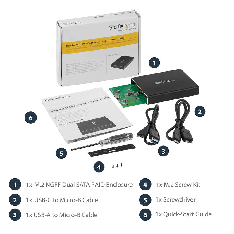 [Australia - AusPower] - StarTech.com Dual-Slot Hard Drive Enclosure for M.2 SATA SSDs - USB 3.1 (10Gbps) - Aluminum - M.2 to SATA - Raid Drive Enclosure (SM22BU31C3R) USB-A & USB-C Dual M.2 SATA 
