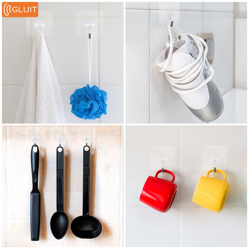 [Australia - AusPower] - GLUIT Adhesive Hooks for Hanging Heavy Duty Wall Hooks 22 lbs Self Adhesive Sticky Hooks Waterproof Transparent Hooks for Keys Bathroom Shower Outdoor Kitchen Door Home Improvement Sticky Hook 12 Pack 12 Medium Hooks 