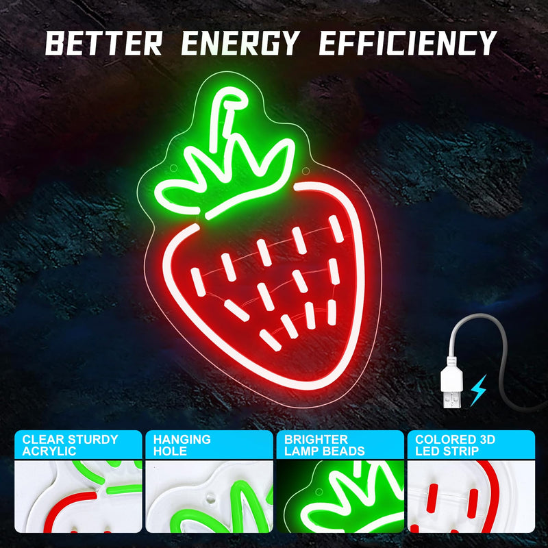 [Australia - AusPower] - Strawberry Neon Sign, Red Green Strawberry Led Sign Shape Neon Light for Fruit Shop, Restaurant, Bedroom Wall Decor, Bar Birthday Art Decoration Christmas with USB Chain Light Modulator 5v 