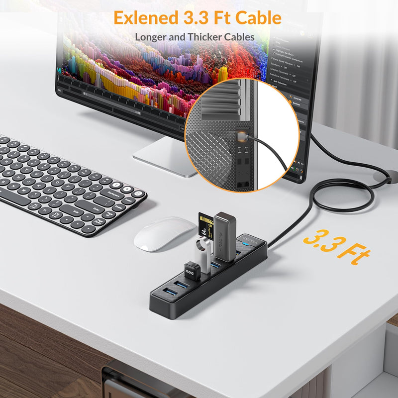 [Australia - AusPower] - iDsonix 7 Prots USB Hub 3.0 [3.3Ft] USB Expander Hub 5Gbps USB Splitter Multiport Adapter, USB Hub Long Cable for PC, Laptop, Flash Drive, Mobile HDD, Windows/XPS, 1m 3.3Ft（100cm） 