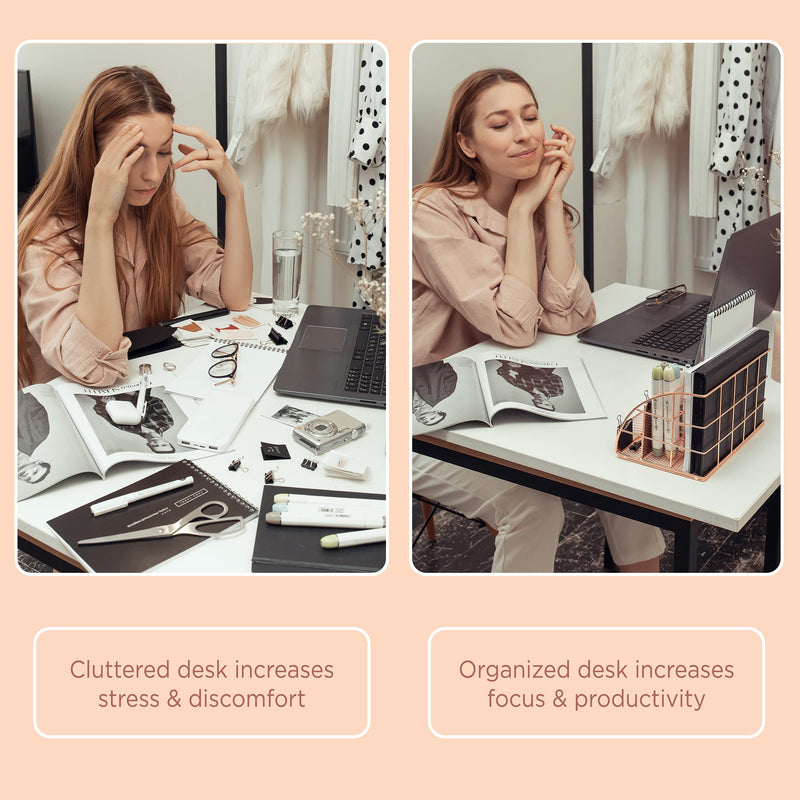 [Australia - AusPower] - Rose Gold Desk Organizer for Women Cute Home Office Accessories & Supplies Decor, Girly Desktop Stationary Essentials Organization Set, Mesh Caddy Storage 5 Compartments +1 Mini Sliding Drawer Rose Gold Small 8.7x5.5x5 