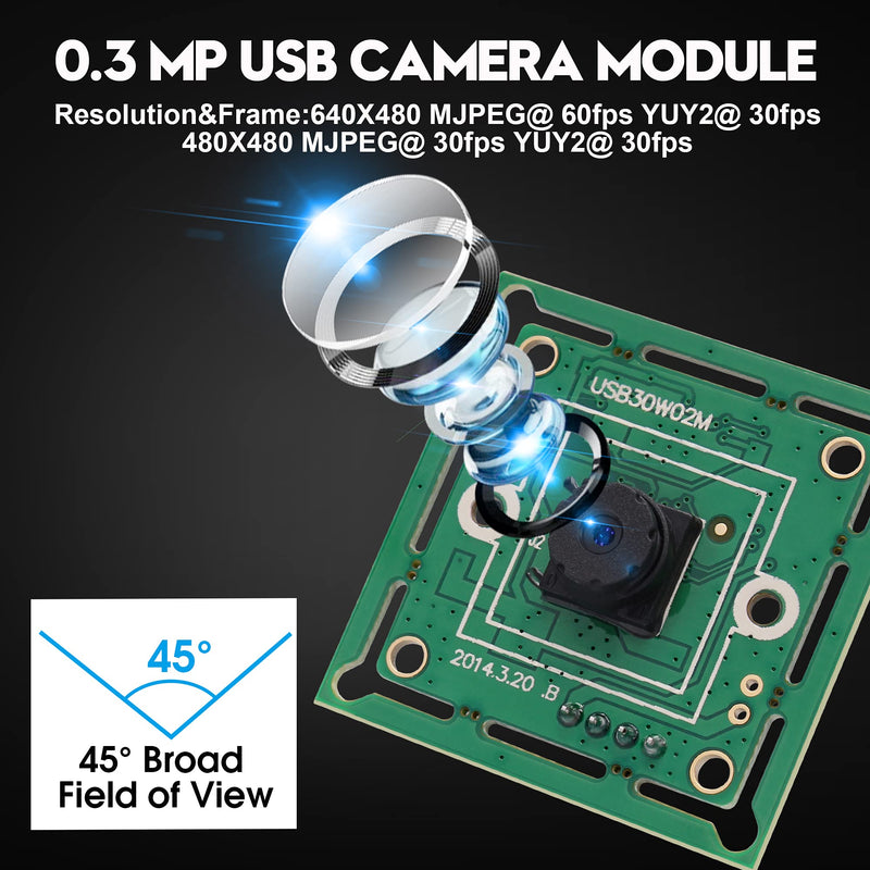 [Australia - AusPower] - IFWATER USB Camera Module, 0.3MP Super Mini Camera with 1/4" CMOS OV7725 Sensor Image, 45degree Lens 480P@60fps High FPS VGA USB Webcam Supports Most OS, UVC Compliant USB Webcam 45 Degree M7 Lens 