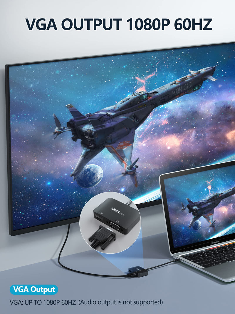 [Australia - AusPower] - USB C Video Adapter, Type C HDMI VGA Adapter 4K@60Hz, USB C VGA Adapter 1080P, Dockteck USB-C VGA Splitter for MacBook Pro/Air, iPad Pro/Air, Chromebook, Surface Pro/Go, Dell Xps, Pixelbook, Galaxy Black-4K@60Hz 