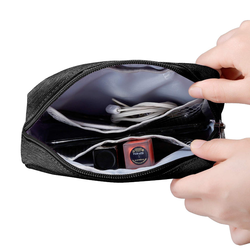 [Australia - AusPower] - E-Tree 7 inch Canvas Zippered Small Bag, Mini Travel Makeup Carrying Case, Cosmetic Bag, Portable Electronics Accessories Organizer, Tiny Coin Purse Wallet, Little Pouch for Little Items, Black 6" X 1.8" X 4" 
