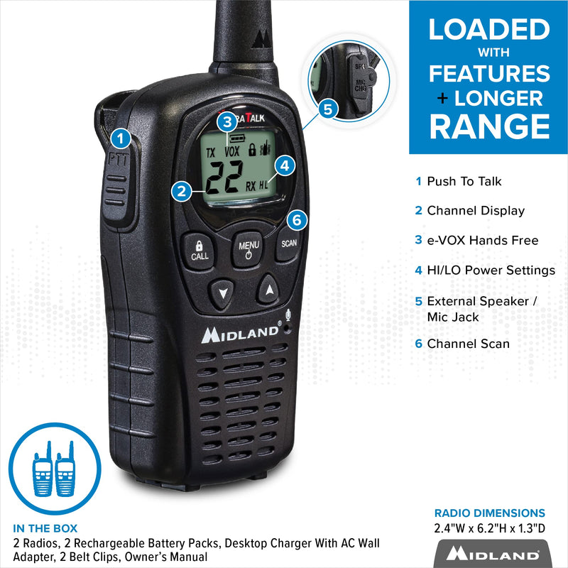 [Australia - AusPower] - Midland - LXT500VP3, 22 Channel FRS Walkie Talkies with Channel Scan - Extended Range Two Way Radios, Silent Operation, Batteries Included (Pair Pack) (Black) Pair Pack - Black 