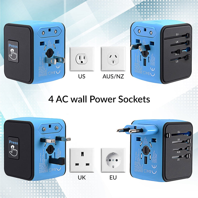 [Australia - AusPower] - Unidapt Universal Travel Adapter, International Outlet Adaptor, Fast 2,4A 4-USB Worldwide European Power Charger, AC Wall Plug Adapters – All in One for Europe US USA UK EU AUS & Asia Blue 