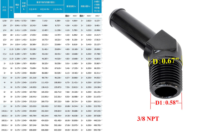 [Australia - AusPower] - AC PERFORMANCE Aluminum 45 Degree 3/8" NPT Male thread to 0.49"(12.5MM) Barb for AN8 Push On Hose Fitting Adapter, Black 8AN 