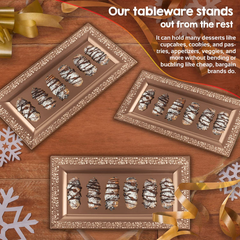 [Australia - AusPower] - 4 (pk) Yumchikel 14" x 7.5" Rose Gold Lace Rim Plastic Serving Trays & Platters | Heavy Duty Disposable Decorative Dessert Tray - Party Platters for Upscale Parties Weddings Brand: Yumchikel 