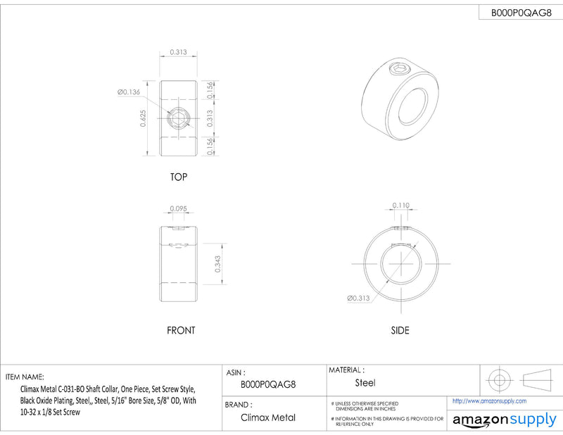 [Australia - AusPower] - Climax Metal C-031-BO Shaft Collar, One Piece, Set Screw Style, Black Oxide Plating, Steel,, Steel, 5/16" Bore Size, 5/8" OD, With 10-32 x 1/8 Set Screw 