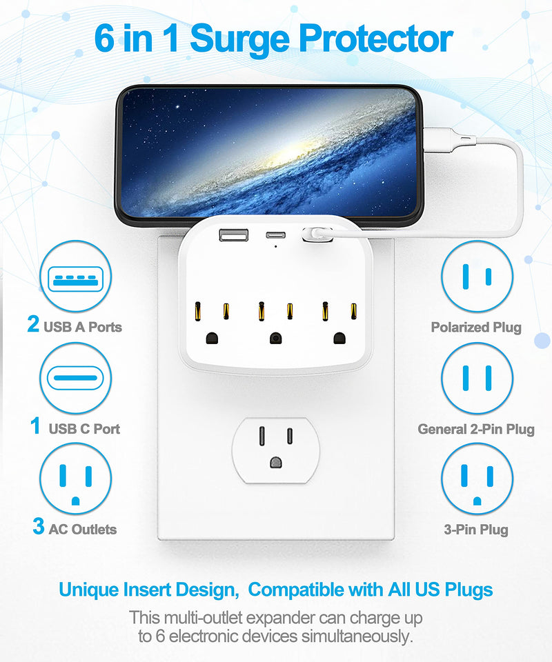 [Australia - AusPower] - Power Strip Surge Protector, with 1 USB C Wall Charger, 2 USB A Ports, 3 AC Multi Plug Outlet Surge Protectors, USB Wall Charger Wall Outlet Extender with TOP Phone Holder for Room, Bedroom, Office White 