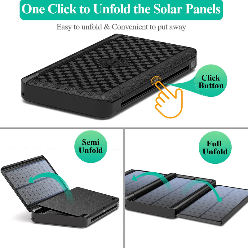 [Australia - AusPower] - Solar Power Bank, Portable Wireless Charger Foldable Solar Panel Type C External Battery 5V/3A Dual USB with Camping/Flashing Light, Four Outputs Compatible with iOS & Android (Black) Black 