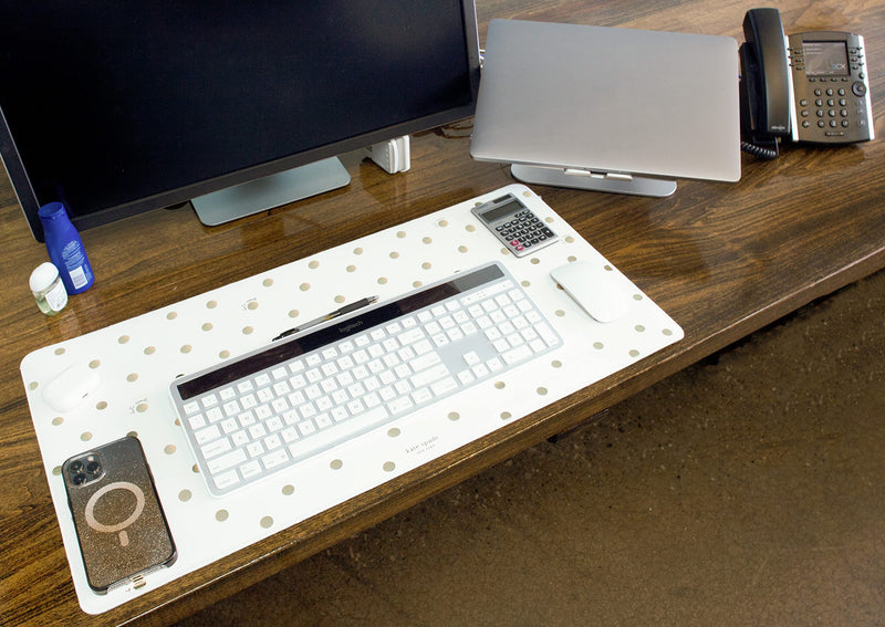 [Australia - AusPower] - Kate Spade New York Decorative Desk Pad, Vegan Leather Keyboard and Mouse Pad for Desktop, Gold Dot with Script 