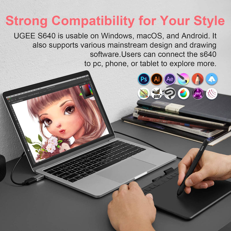 [Australia - AusPower] - Computer Graphics Tablets, UGEE S640 Portable Drawing Tablet with 10 Shortcut Keys, 6.5x4 inch Digital Pen Tablets with Battery-Free Stylus Tilt Function 8192 Pressure for Windows/Mac/Chrome OS S640-New 