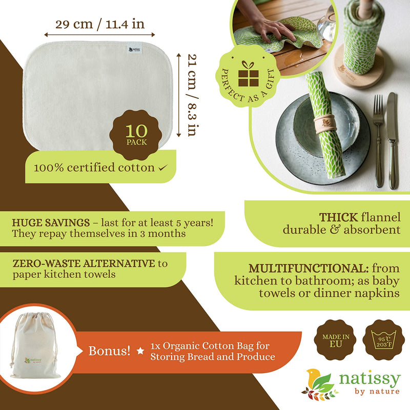 [Australia - AusPower] - Reusable Paper Towels for Kitchen, Roll of 10 Paperless Paper Towels, Reusable Cloth Paper Towels, Organic Cotton Reusable Napkins, Washable Fabric Paper Towels Replacement Cloth, Reusable Towels 