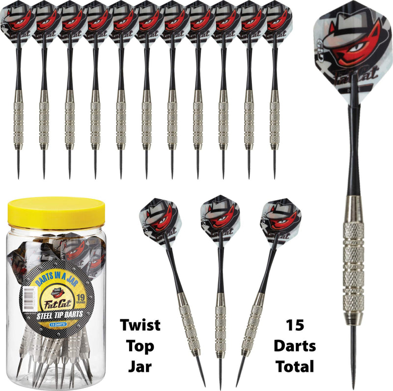 [Australia - AusPower] - Fat Cat Darts in a Jar: Steel Tip Darts with Storage/Travel Container, 20 Grams (Pack of 15, 21 and 27 Darts) Jar with 15 Darts 