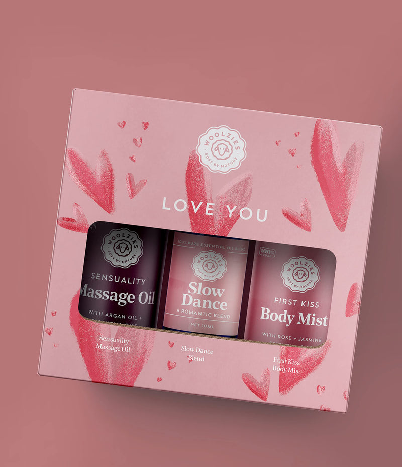 [Australia - AusPower] - Love You Gift Set for Women, Massage & Essential Oils | Includes Sensuality Massage Oil, Slow Dance Romantic Essential Oil Blend, & First Kiss Body Mist 