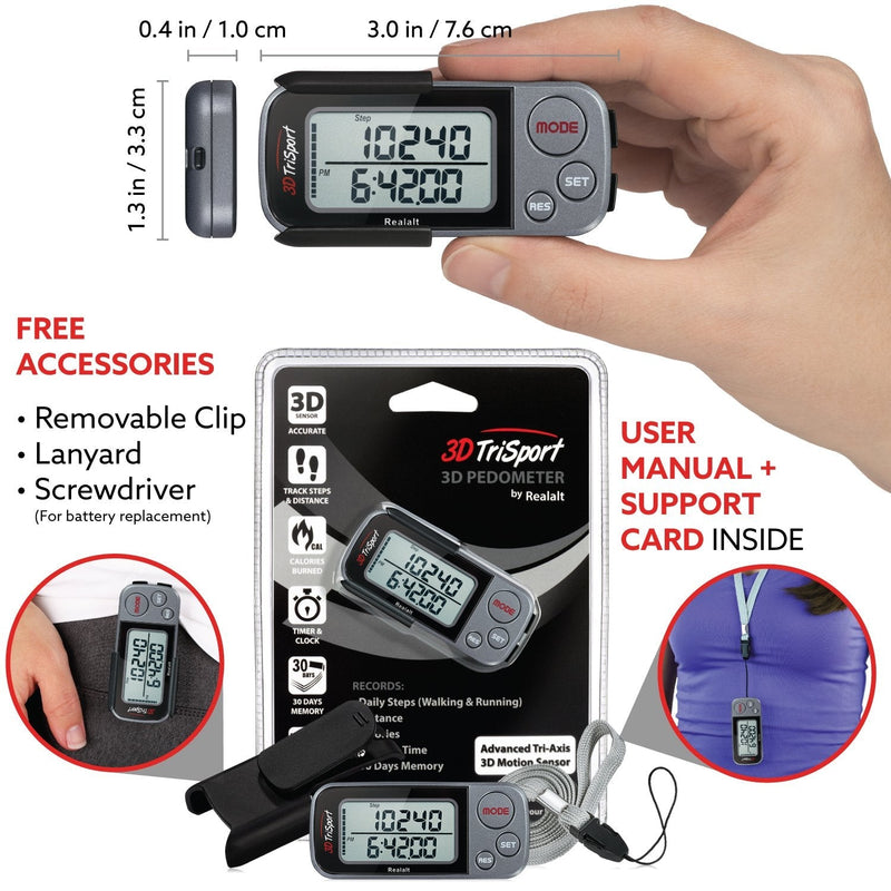 [Australia - AusPower] - Realalt 3DTriSport Walking 3D Pedometer with Clip and Strap, Free eBook | 30 Days Memory, Accurate Step Counter, Walking Distance Miles/Km, Calorie Counter, Daily Target Monitor, Exercise Time. Grey/Black 