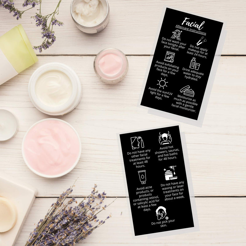 [Australia - AusPower] - Facial Aftercare Cards | 50 Pack | Size 2 x 3.5” inches Business Card Size | Facial PMU | Aftercare Instructions Black with Icons Design 