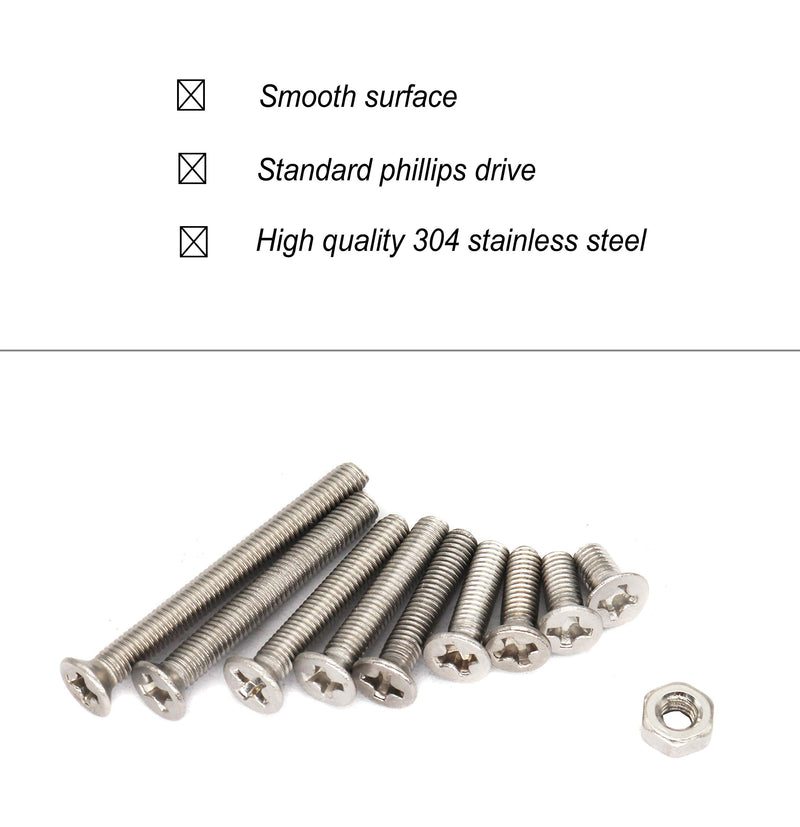 [Australia - AusPower] - binifiMux 500pcs M3 Phillips Countersunk Flat Head Machine Screws Hex Nuts Assortment Kit 304 Stainless Steel, M3 x 6mm / 8mm / 10mm / 12mm / 16mm / 18mm / 20mm / 25mm / 30mm 